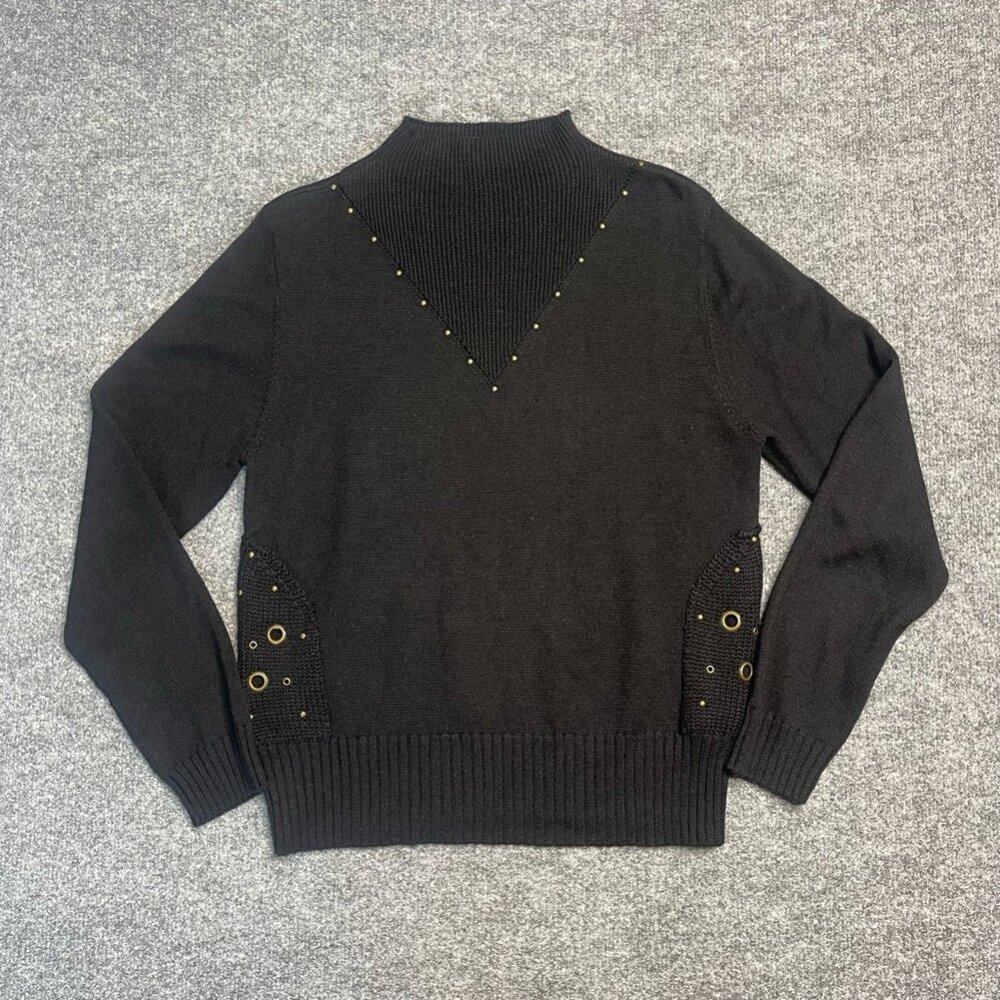 SEEN Womens Pullover Sweater Black Long Sleeve Mock Neck Tight Knit Beaded XL